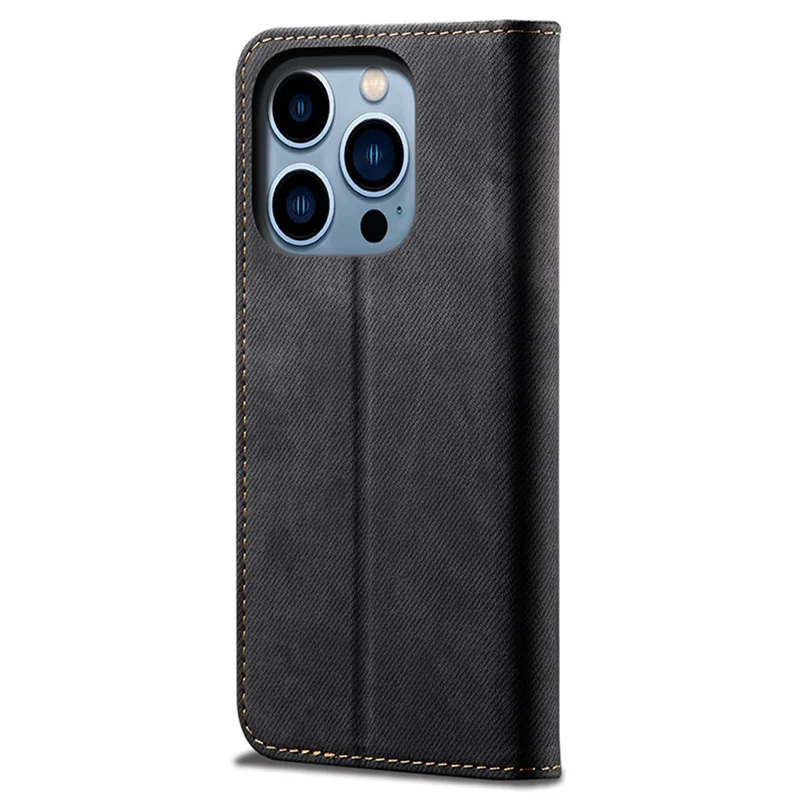 For iPhone 16 Pro Max Case Jeans Cloth Texture Anti-Fall PU Leather Wallet Phone Cover - Schwarz