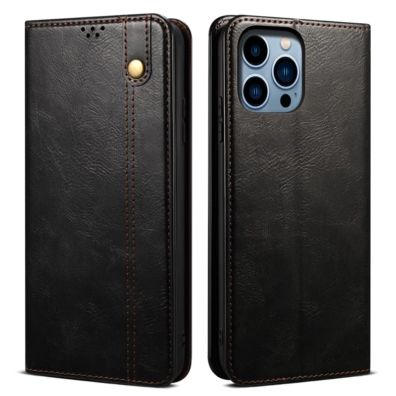 For iPhone 16 Pro Max Case Crazy Horse Texture Drop-Proof Leather Wallet Phone Cover - Black