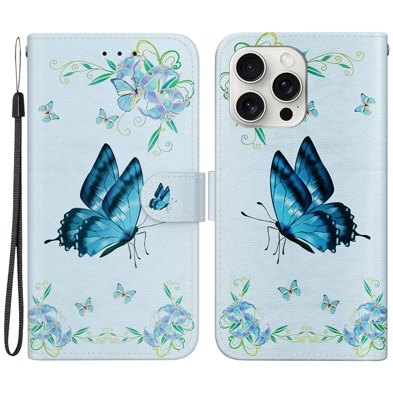 For iPhone 16 Pro Max Case Pattern Print Leather Phone Cover with Wallet - Blue Butterfly Flower
