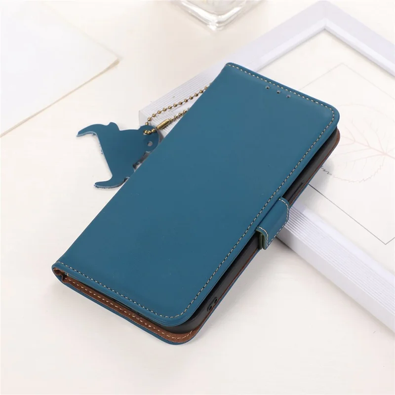 For Samsung Galaxy S24 FE Case TPU Inner Shell + Genuine Cow Leather Phone Cover RFID Blocking - Blue