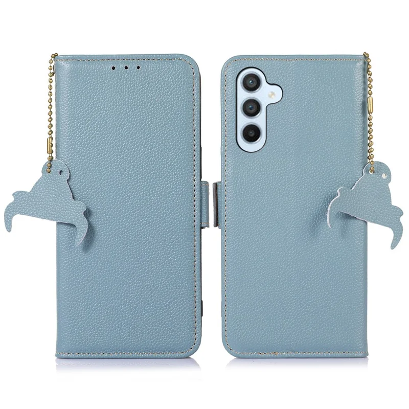 For Samsung Galaxy S24 FE Phone Case RFID Blocking Textured Genuine Cow Leather Flip Cover - Blue