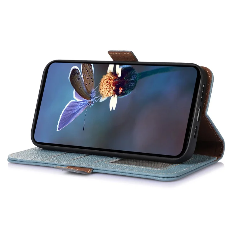 For Samsung Galaxy S24 FE Phone Case RFID Blocking Textured Genuine Cow Leather Flip Cover - Blue