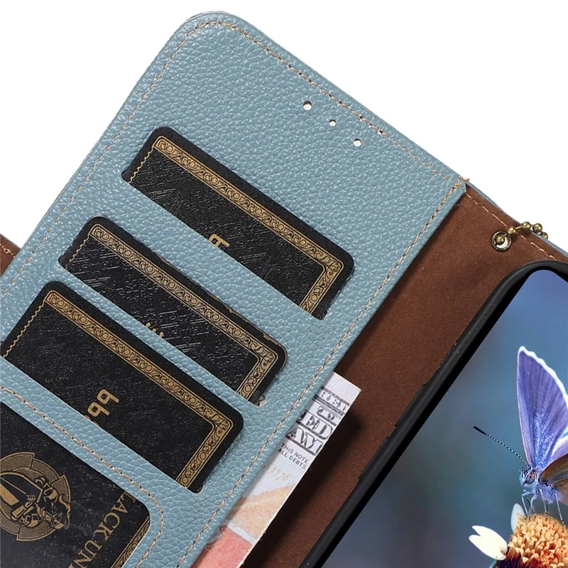 For Samsung Galaxy S24 FE Phone Case RFID Blocking Textured Genuine Cow Leather Flip Cover - Blue