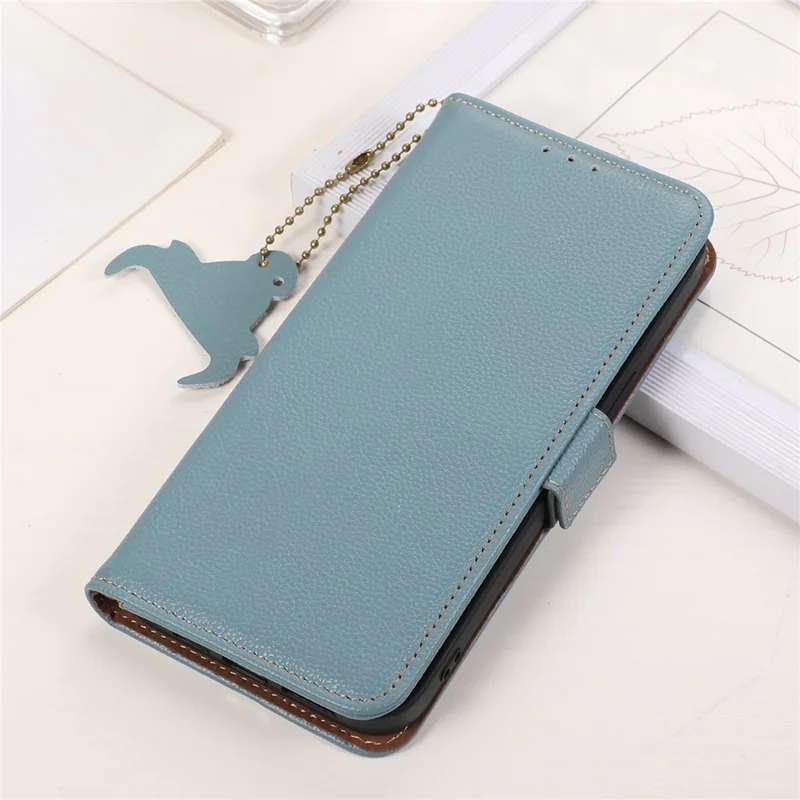 For Samsung Galaxy S24 FE Phone Case RFID Blocking Textured Genuine Cow Leather Flip Cover - Blue