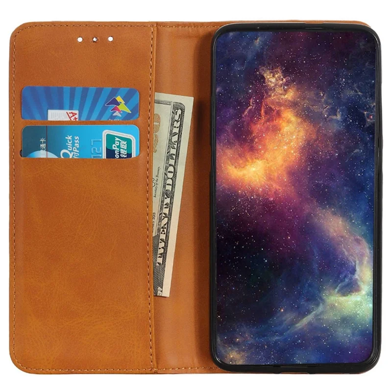 غطاء لهاتف Oppo Reno12 5G (عالمي) بملمس جلد بقري مع محفظة من جلد السبليت وحامل - بني