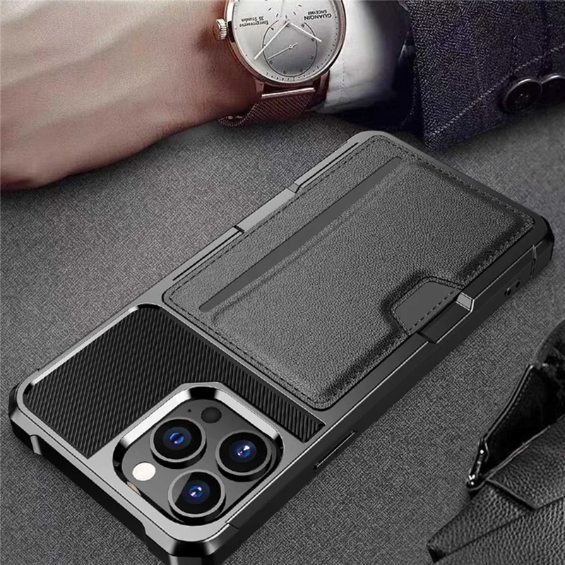 Para iPhone 14 Pro ZM02 Reforçado Canto Caso de Telefone Slot de Cartão PU Couro + TPU Anti-queda Tampa Traseira