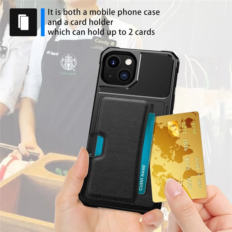 For iPhone 14 ZM02 Card Slot Phone Case Enhanced Corner PU Leather + TPU Cover with Car Mount Metal Sheet
