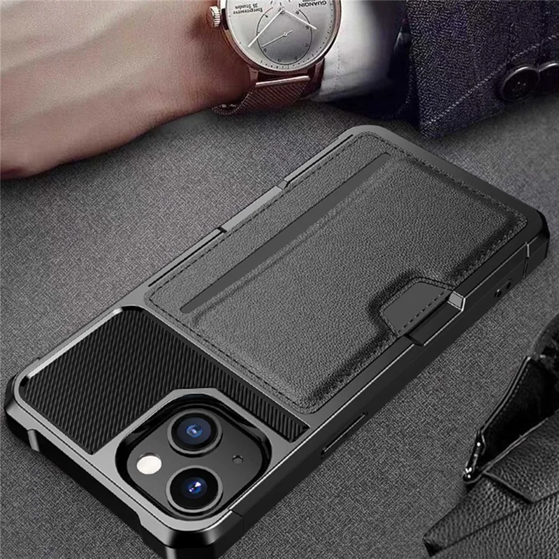 For iPhone 14 ZM02 Card Slot Phone Case Enhanced Corner PU Leather + TPU Cover with Car Mount Metal Sheet