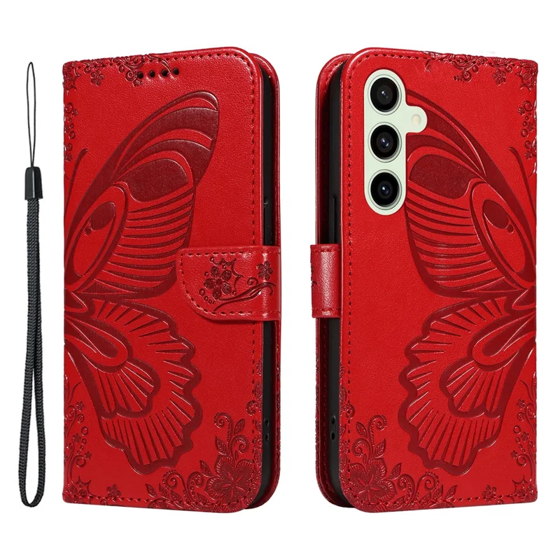 For Samsung Galaxy S24 FE Case Stand PU Leather Wallet Phone Cover Butterfly Pattern - Red