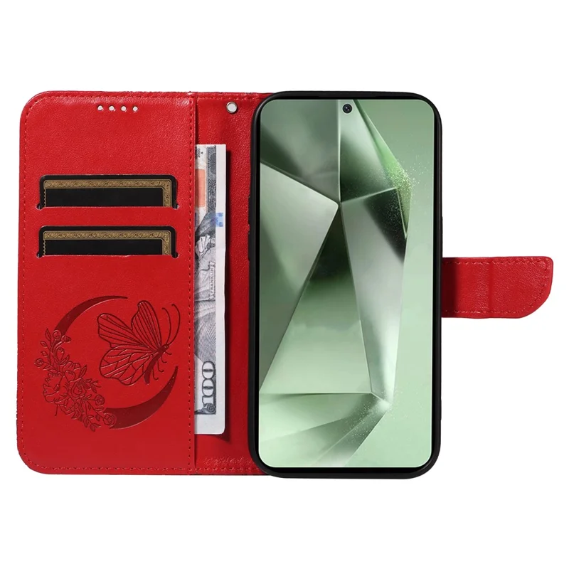 For Samsung Galaxy S24 FE Case Stand PU Leather Wallet Phone Cover Butterfly Pattern - Red