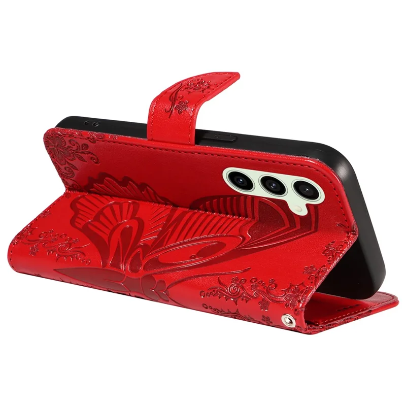 For Samsung Galaxy S24 FE Case Stand PU Leather Wallet Phone Cover Butterfly Pattern - Red