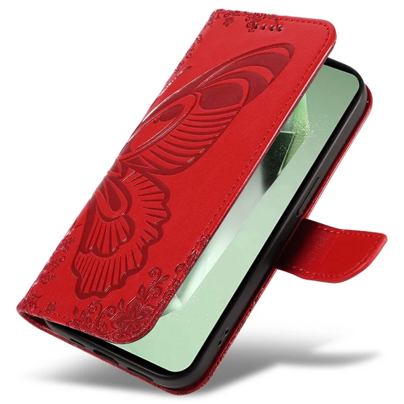 For Samsung Galaxy S24 FE Case Stand PU Leather Wallet Phone Cover Butterfly Pattern - Red