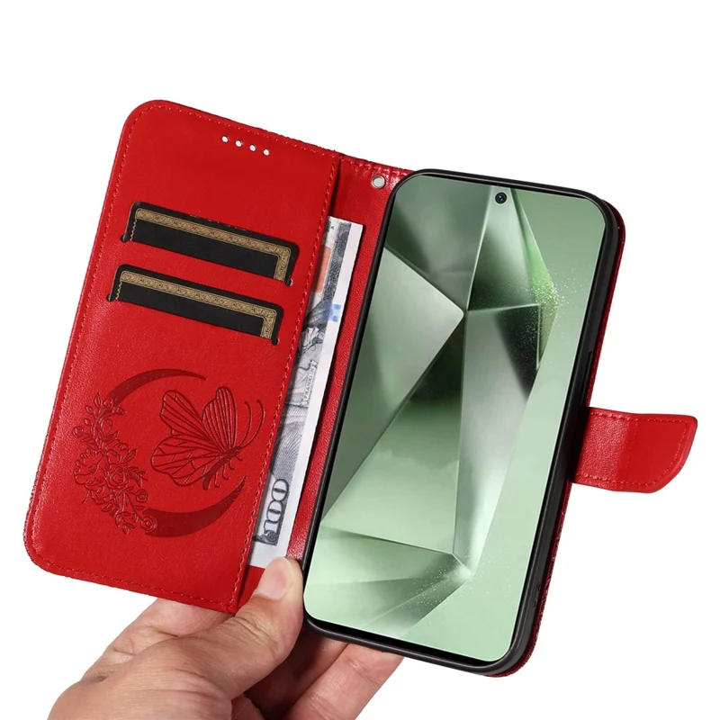 For Samsung Galaxy S24 FE Case Stand PU Leather Wallet Phone Cover Butterfly Pattern - Red