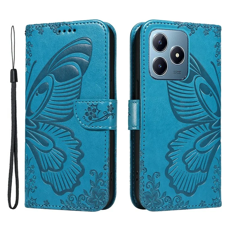 Para Realme C63 4G / C61 4G Case Butterfly PU Leather Phone Cover Stand Card Holder - Azul