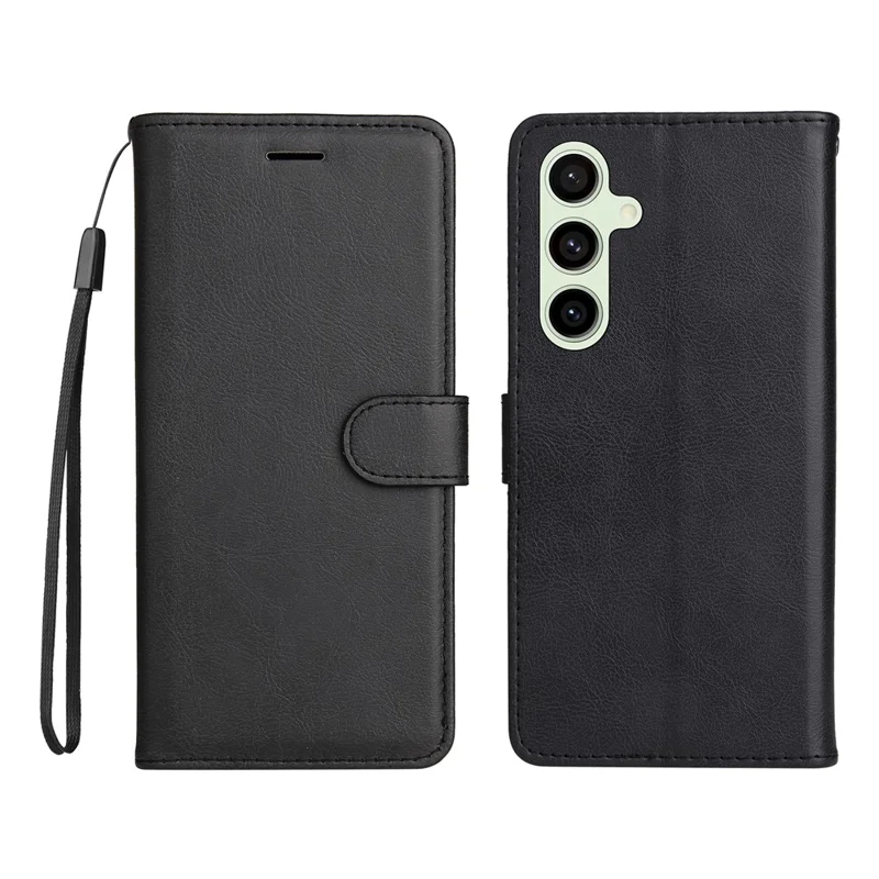 For Samsung Galaxy S24 FE Case Solid Color Leather Mobile Cover Wallet Stand with Strap - Black