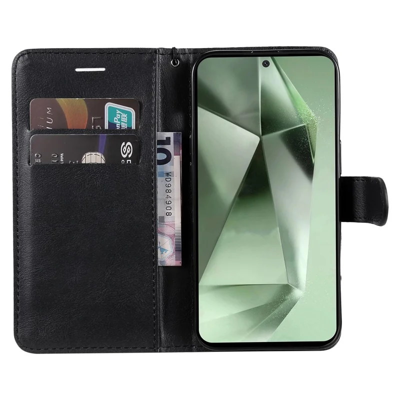 For Samsung Galaxy S24 FE Case Solid Color Leather Mobile Cover Wallet Stand with Strap - Black