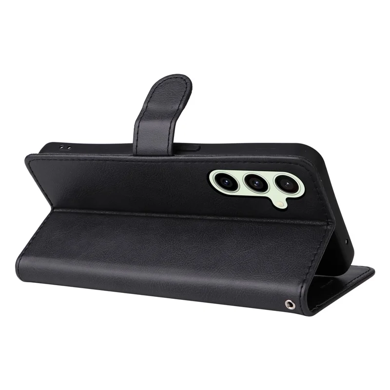For Samsung Galaxy S24 FE Case Solid Color Leather Mobile Cover Wallet Stand with Strap - Black