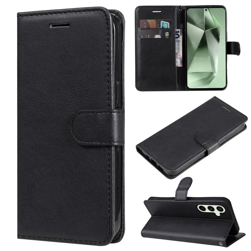 For Samsung Galaxy S24 FE Case Solid Color Leather Mobile Cover Wallet Stand with Strap - Black
