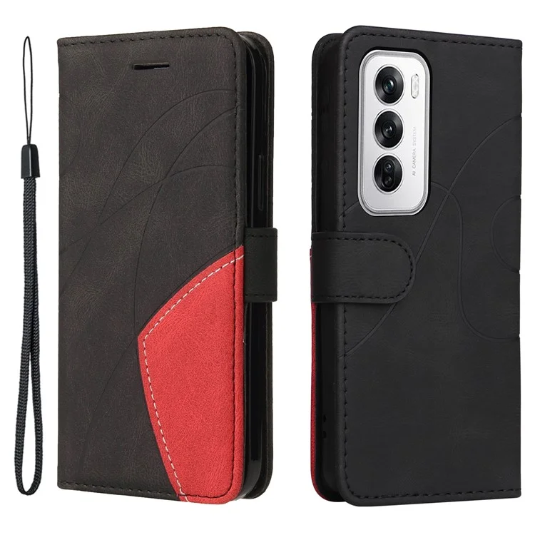 For Oppo Reno12 5G (Global) Leather Case Wallet Stand Color Splicing Phone Cover  - Black