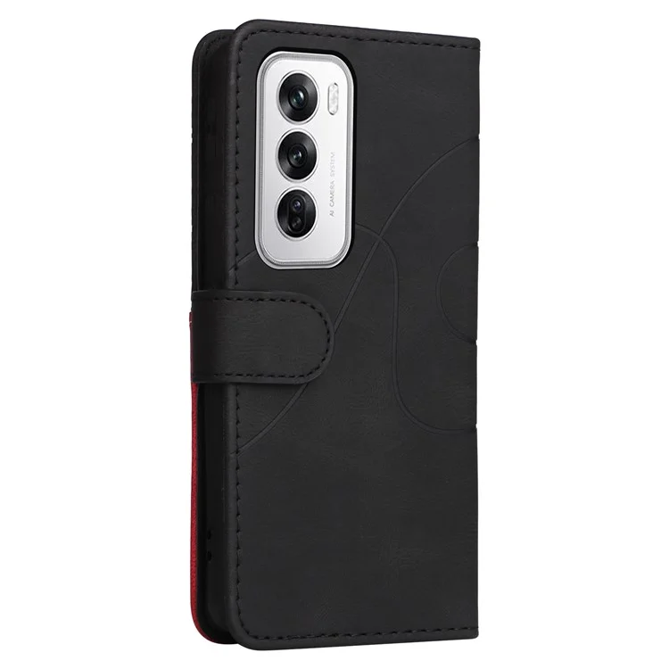 For Oppo Reno12 5G (Global) Leather Case Wallet Stand Color Splicing Phone Cover  - Black