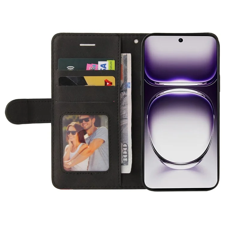 For Oppo Reno12 5G (Global) Leather Case Wallet Stand Color Splicing Phone Cover  - Black