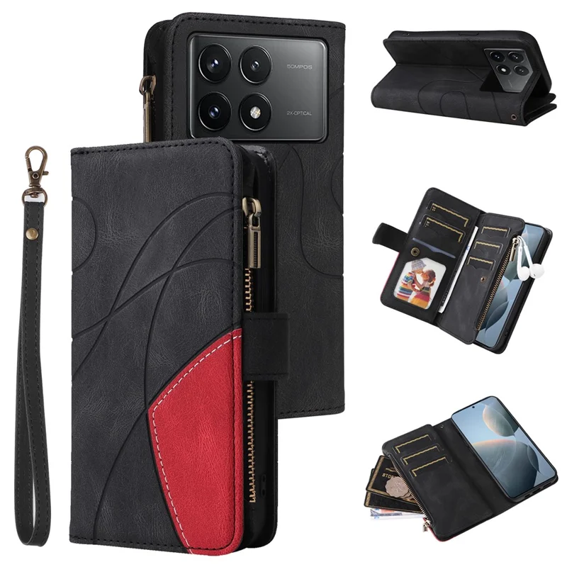 For Xiaomi Redmi K70 5G / K70 Pro 5G / Poco F6 Pro 5G Leather Case with Strap Zipper 9 Card Slot Phone Cover Stand - Black