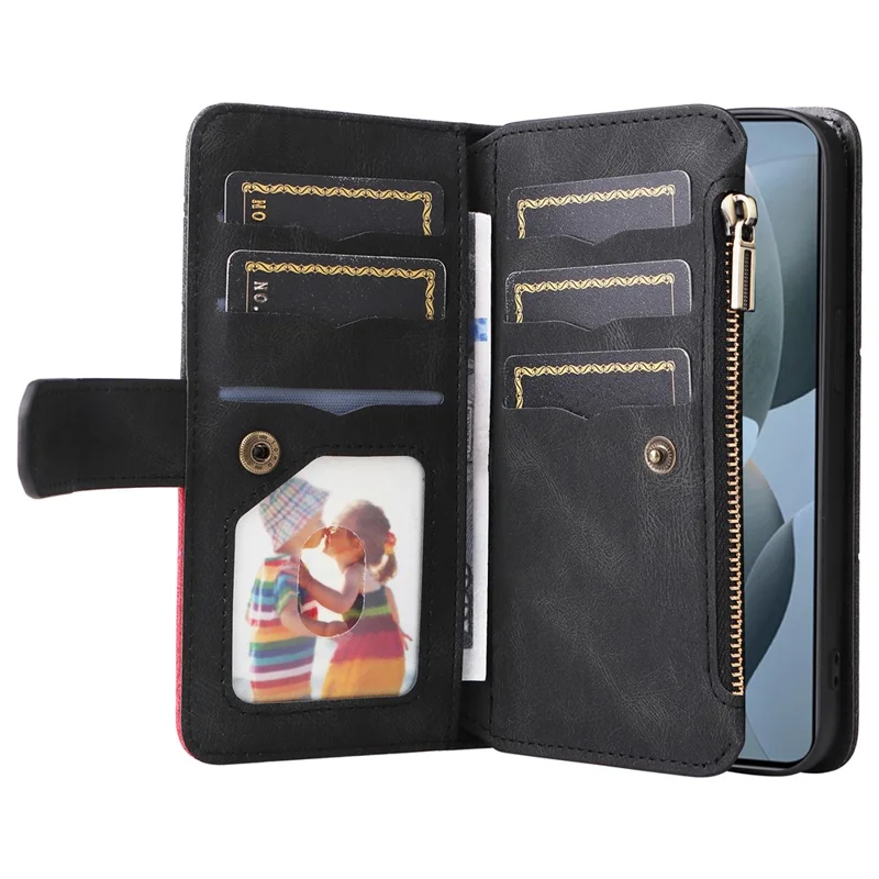For Xiaomi Redmi K70 5G / K70 Pro 5G / Poco F6 Pro 5G Leather Case with Strap Zipper 9 Card Slot Phone Cover Stand - Black