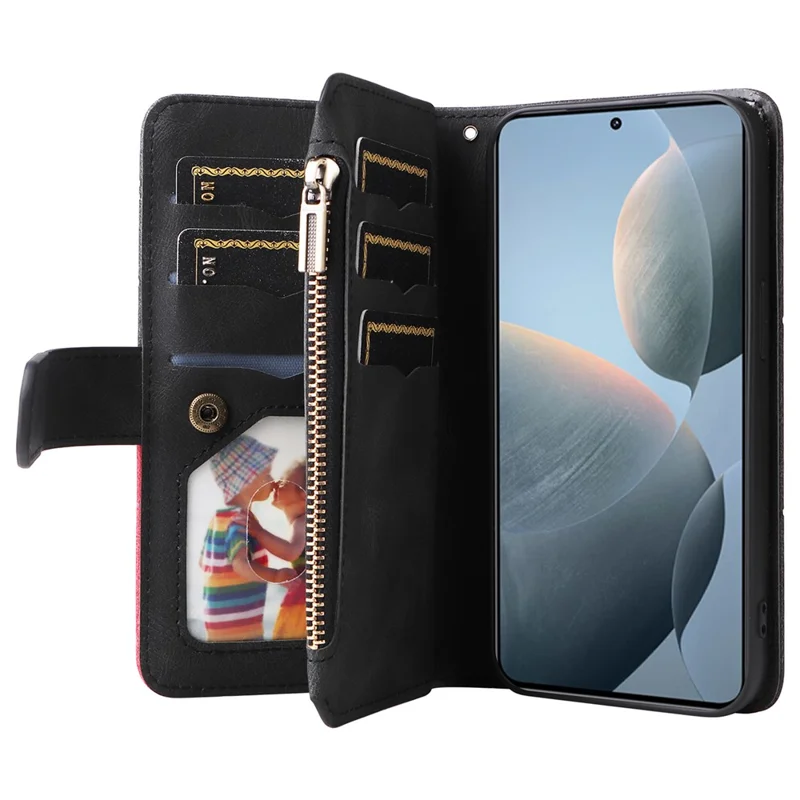 For Xiaomi Redmi K70 5G / K70 Pro 5G / Poco F6 Pro 5G Leather Case with Strap Zipper 9 Card Slot Phone Cover Stand - Black