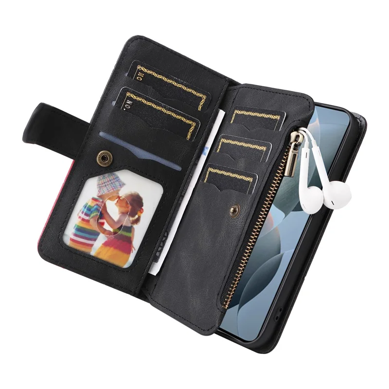 For Xiaomi Redmi K70 5G / K70 Pro 5G / Poco F6 Pro 5G Leather Case with Strap Zipper 9 Card Slot Phone Cover Stand - Black