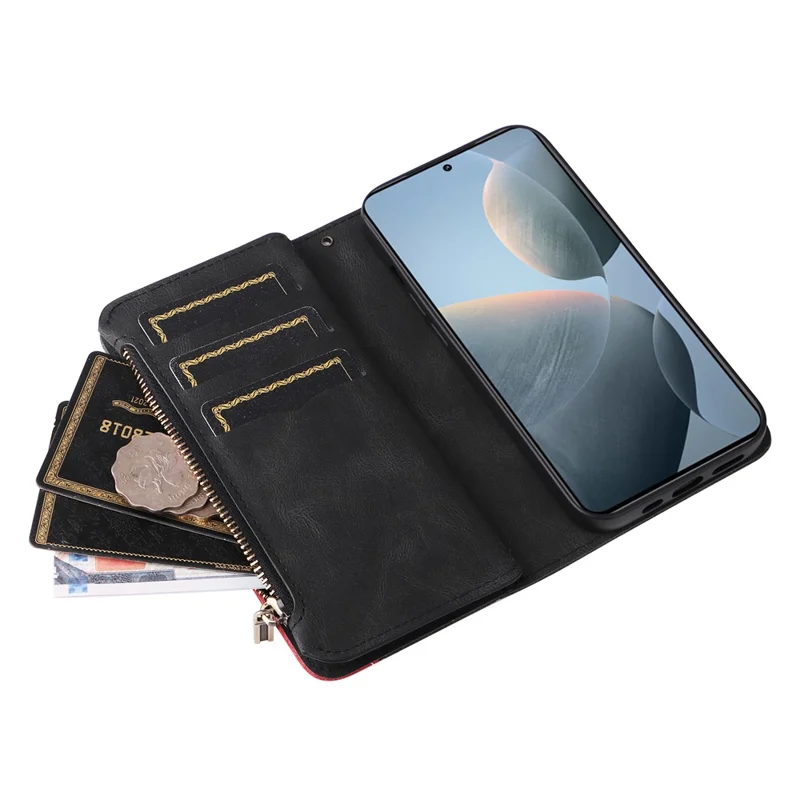 For Xiaomi Redmi K70 5G / K70 Pro 5G / Poco F6 Pro 5G Leather Case with Strap Zipper 9 Card Slot Phone Cover Stand - Black