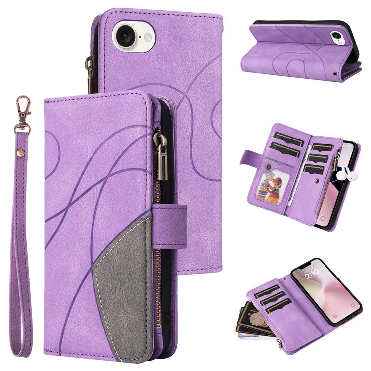 For iPhone 16e Leather Case with Strap Zipper 9 Card Slot Phone Cover Stand - Light Purple