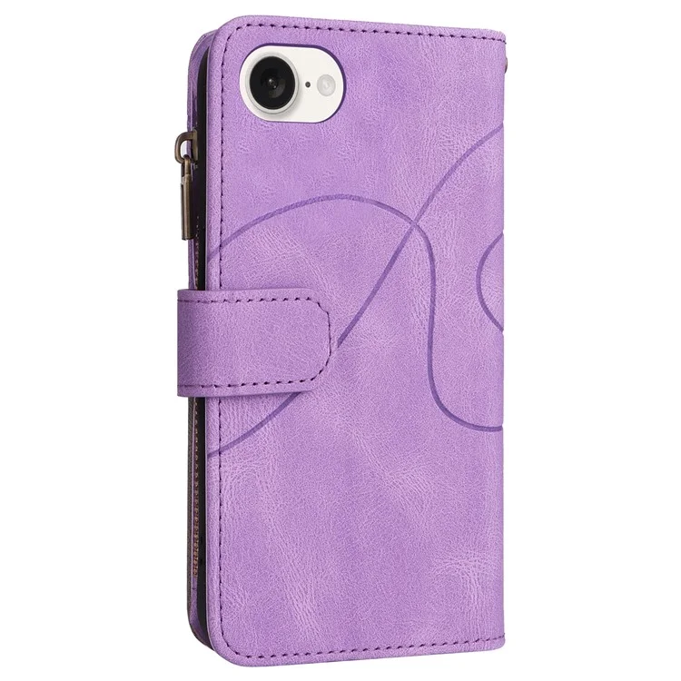 For iPhone 16e Leather Case with Strap Zipper 9 Card Slot Phone Cover Stand - Light Purple