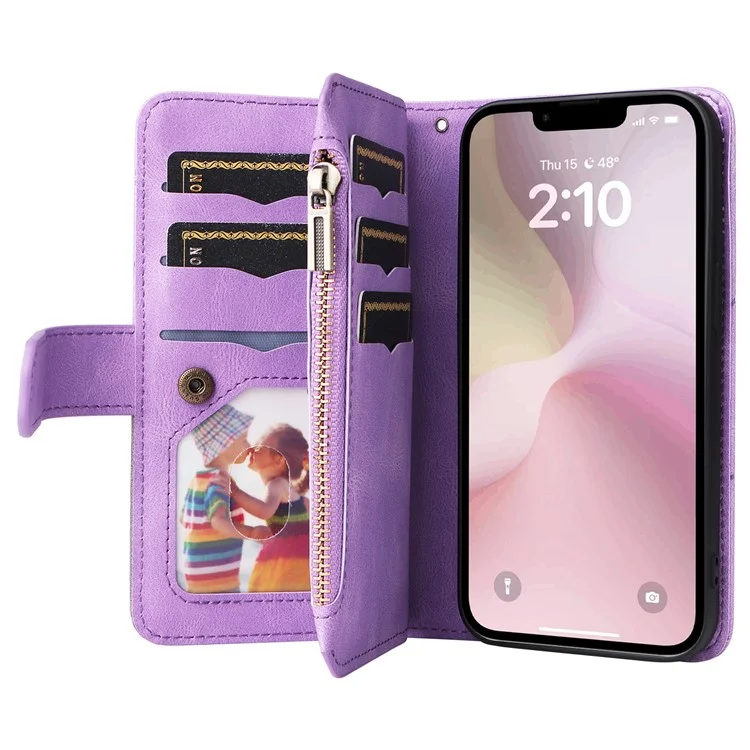For iPhone 16e Leather Case with Strap Zipper 9 Card Slot Phone Cover Stand - Light Purple