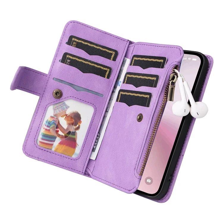 For iPhone 16e Leather Case with Strap Zipper 9 Card Slot Phone Cover Stand - Light Purple