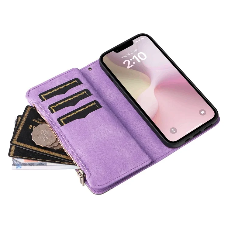 For iPhone 16e Leather Case with Strap Zipper 9 Card Slot Phone Cover Stand - Light Purple