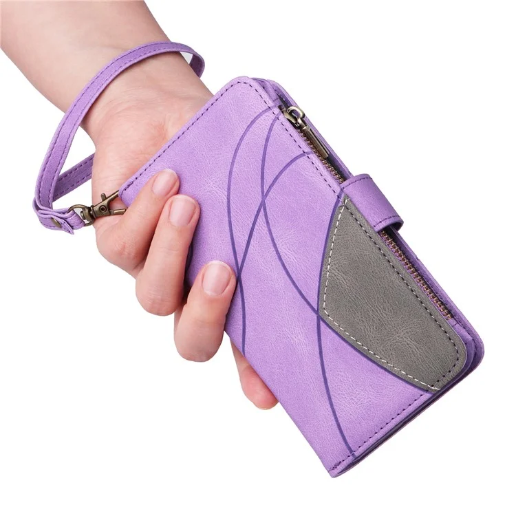 For iPhone 16e Leather Case with Strap Zipper 9 Card Slot Phone Cover Stand - Light Purple