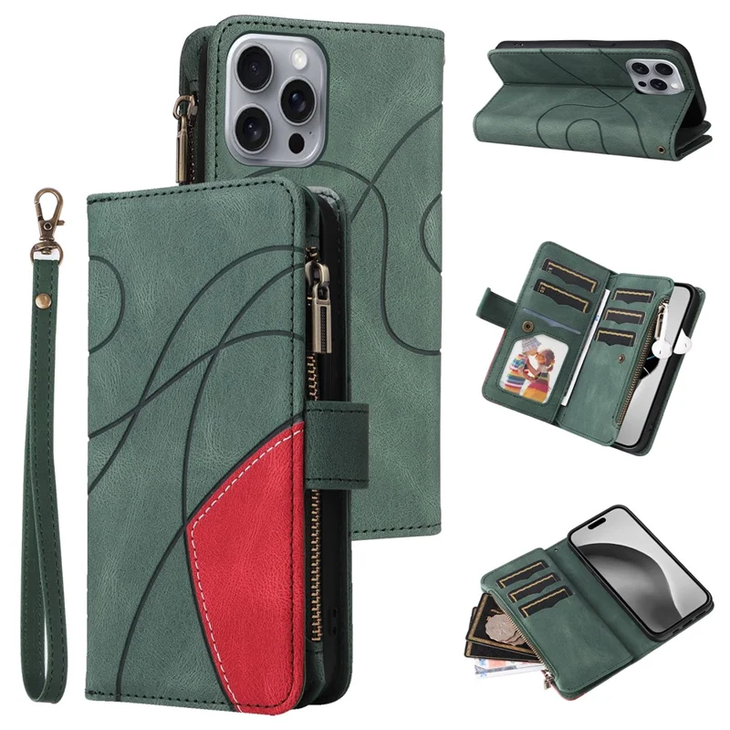 For iPhone 16 Pro Max Leather Case with Strap Zipper 9 Card Slot Phone Cover Stand - Green
