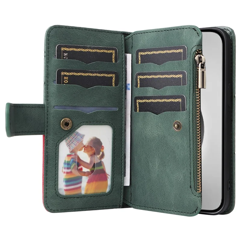 For iPhone 16 Pro Max Leather Case with Strap Zipper 9 Card Slot Phone Cover Stand - Green