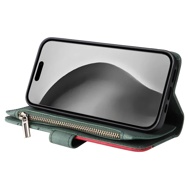 For iPhone 16 Pro Max Leather Case with Strap Zipper 9 Card Slot Phone Cover Stand - Green