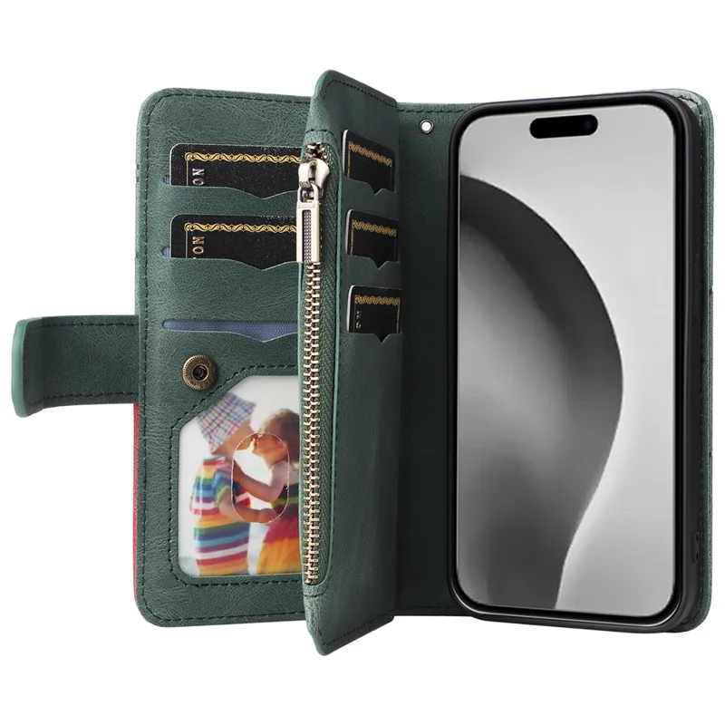 For iPhone 16 Pro Max Leather Case with Strap Zipper 9 Card Slot Phone Cover Stand - Green
