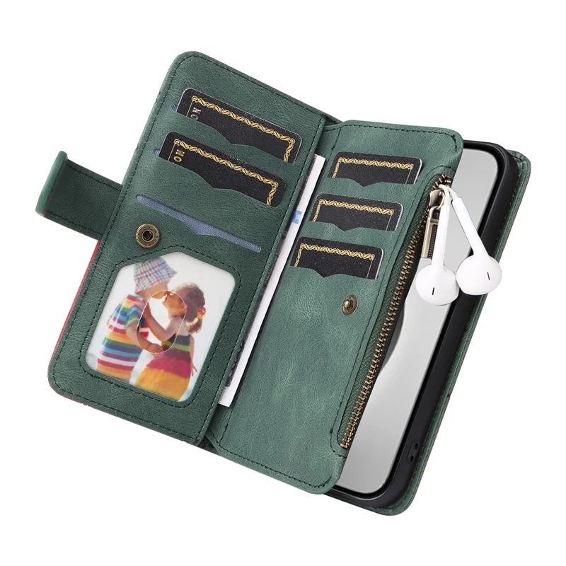For iPhone 16 Pro Max Leather Case with Strap Zipper 9 Card Slot Phone Cover Stand - Green