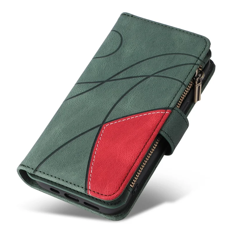 For iPhone 16 Pro Max Leather Case with Strap Zipper 9 Card Slot Phone Cover Stand - Green