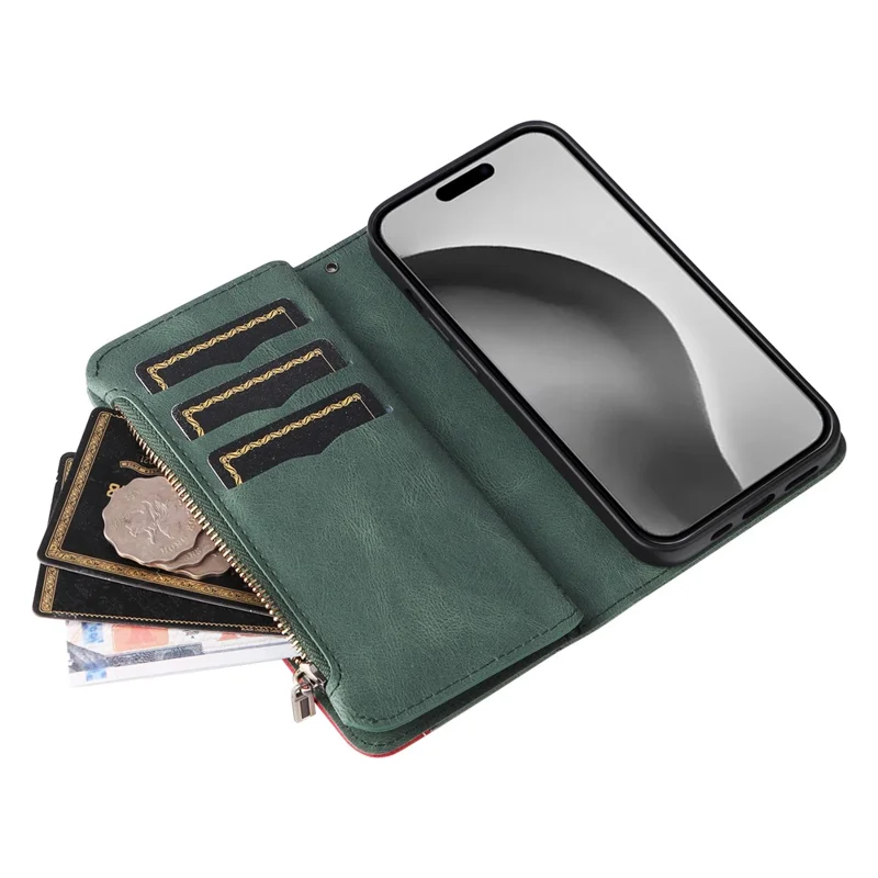 For iPhone 16 Pro Max Leather Case with Strap Zipper 9 Card Slot Phone Cover Stand - Green