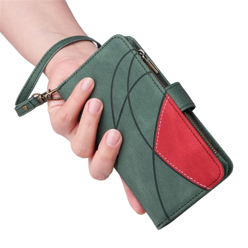 For iPhone 16 Pro Max Leather Case with Strap Zipper 9 Card Slot Phone Cover Stand - Green