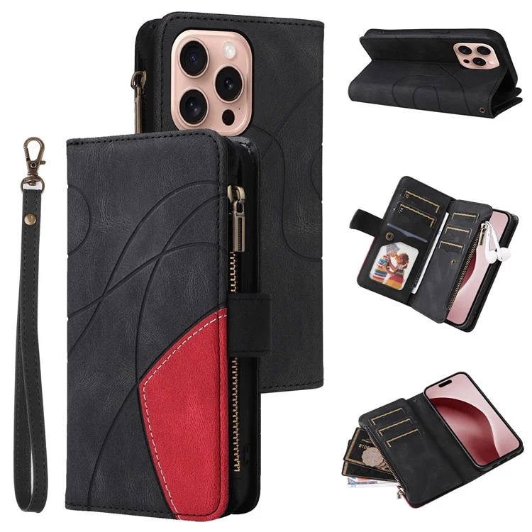 For iPhone 16 Pro Leather Case with Strap Zipper 9 Card Slot Phone Cover Stand - Black