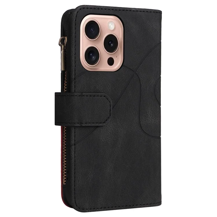 For iPhone 16 Pro Leather Case with Strap Zipper 9 Card Slot Phone Cover Stand - Black