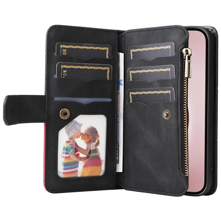 For iPhone 16 Pro Leather Case with Strap Zipper 9 Card Slot Phone Cover Stand - Black