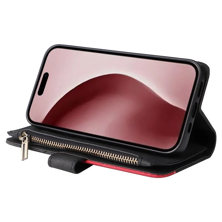 For iPhone 16 Pro Leather Case with Strap Zipper 9 Card Slot Phone Cover Stand - Black