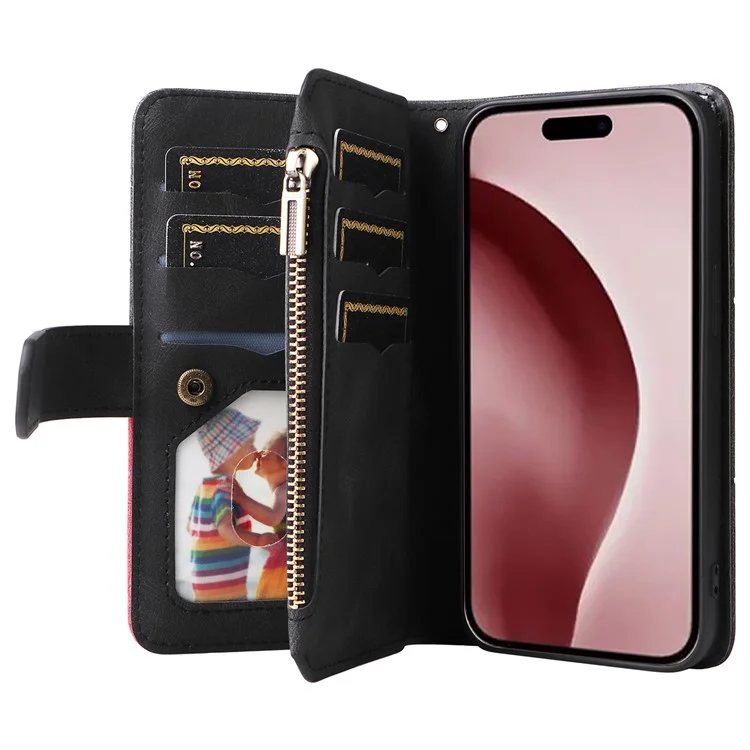 For iPhone 16 Pro Leather Case with Strap Zipper 9 Card Slot Phone Cover Stand - Black