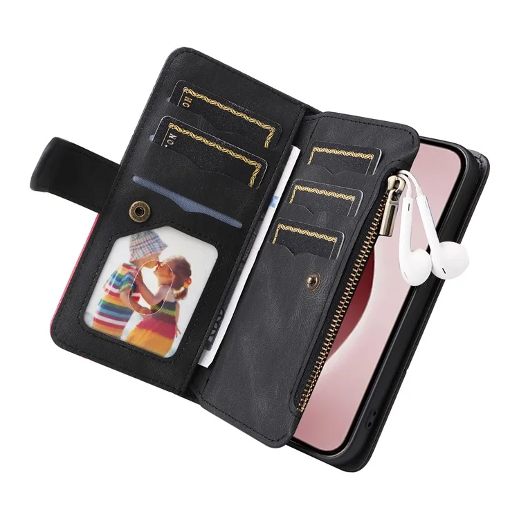For iPhone 16 Pro Leather Case with Strap Zipper 9 Card Slot Phone Cover Stand - Black